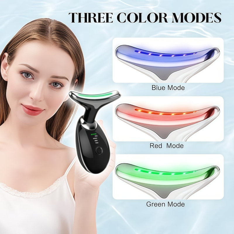 Massageador De Pescoço e Rosto LED Vermelha/Azul/Verde - Redução Rugas e Estímulo Colágeno Facial